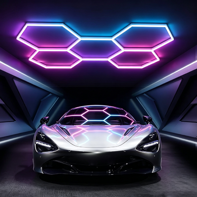 Bom preço RGB LED Hexagon Light Sistema de iluminação de teto modular para garagem Gym Workshop Escritório Conectável Honeycomb LED Hex Light Panels on-line