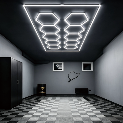 568W LED Hexagon Light Sistema de iluminação de teto modular para garagem Gym Workshop Escritório Conectável Honeycomb LED Hex Light Panels