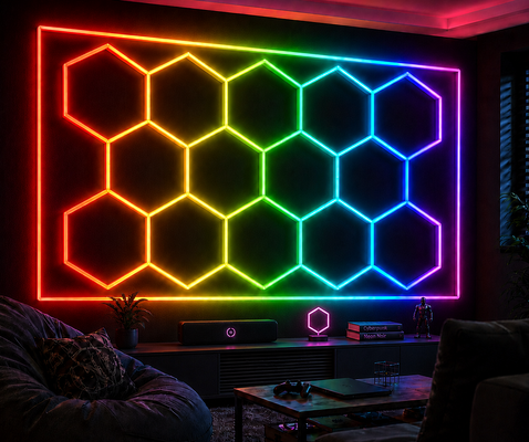 Bom preço Luz Hexagonal de LED 14 Hexágonos RGB Controle Remoto Luz de Teto em Favo de Mel 24V IP20 Iluminação Ideal para Academia Salão Garagem Bar Atmosfera on-line