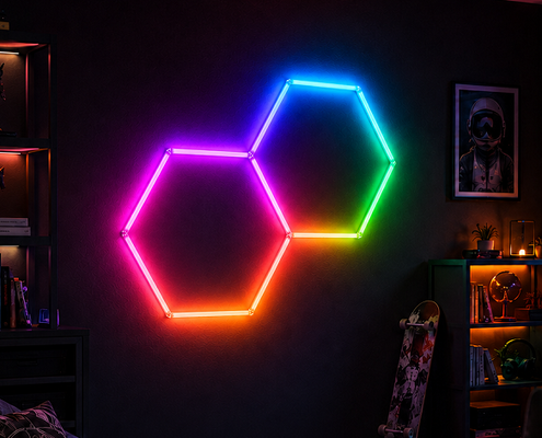 Bom preço Sistema de teto modular em formato de favo de mel RGB com luz hexagonal LED que oferece opções de instalação flexíveis para garagem, academia, oficina e escritório on-line