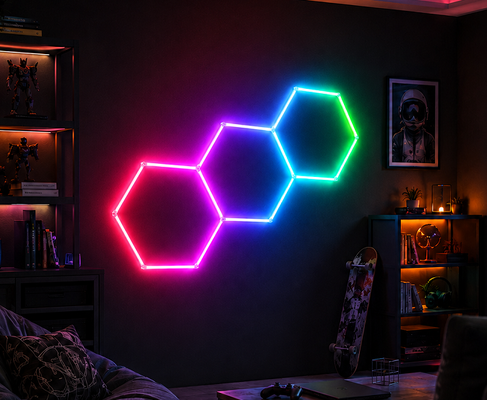 Conexível Honeycomb Modular RGB LED Sistema de Iluminação Hexagonal Projetado para Garage Gym Workshop e Escritório Ceiling Lighting Needs