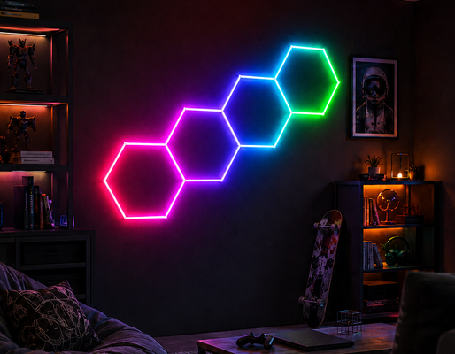 Painéis de Luz Hexagonais LED RGB Modulares em Formato de Favo de Mel Perfeitos para Iluminação e Decoração de Teto de Garagem, Academia, Oficina e Escritório