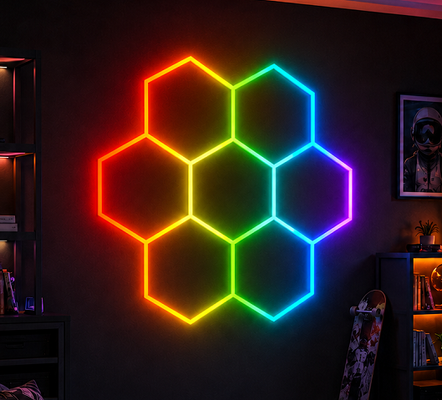 Sistema de Iluminação Modular em Favo de Mel LED RGB Hexagonal para Teto Projetado para Garagem, Academia, Oficina, Escritório e Montagem Fácil