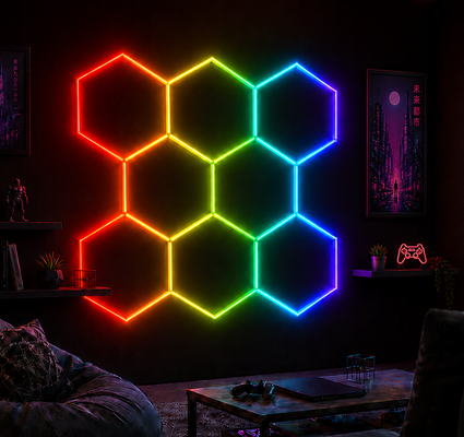 Modulares LED Hexagonal Light RGB Honeycomb Plafond Panels para iluminação versátil em garagem, ginásio, oficina e escritórios