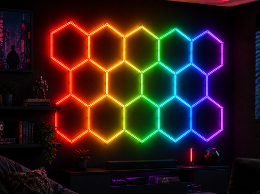 Sistema de Painel de Teto Modular em Favo de Mel com Luz LED RGB Hexagonal para Iluminação Flexível em Garagem, Academia, Oficina e Escritório