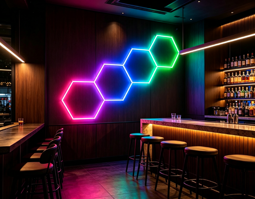 Painéis de Luz Hexagonais LED RGB Modulares em Formato de Favo de Mel Perfeitos para Iluminação e Decoração de Teto de Garagem, Academia, Oficina e Escritório